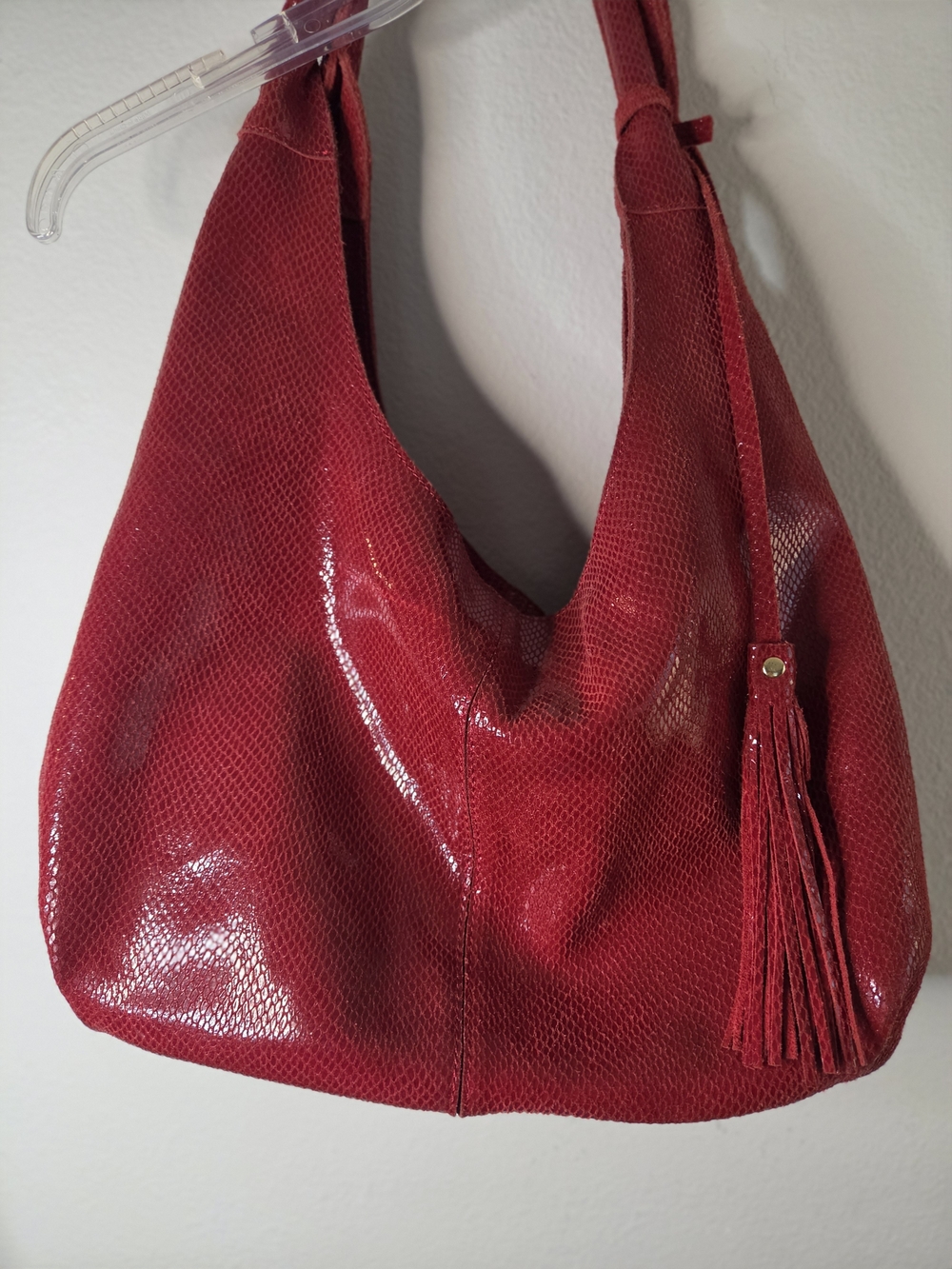 Red Leather Hobo Bag with Tassel